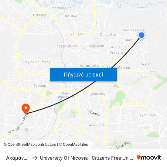 Ακάμαντος to University Of Nicosia - Citizens Free University map