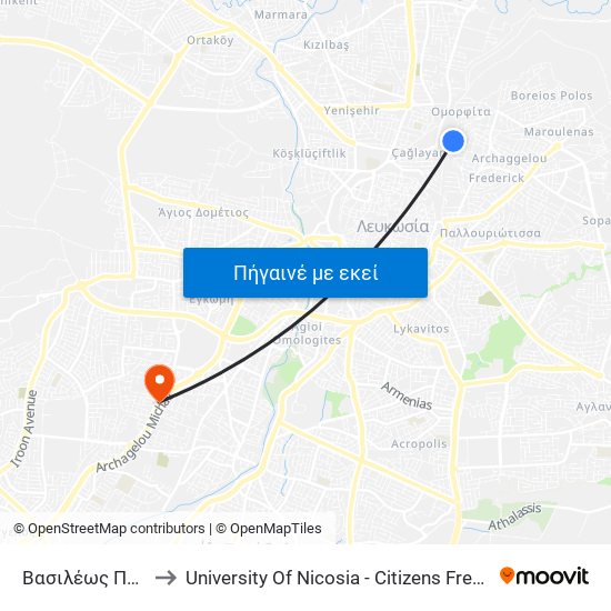 Βασιλέως Παύλου to University Of Nicosia - Citizens Free University map