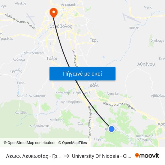 Λεωφ. Λευκωσίας - Γρηγόρη Αυξεντίου 2 to University Of Nicosia - Citizens Free University map