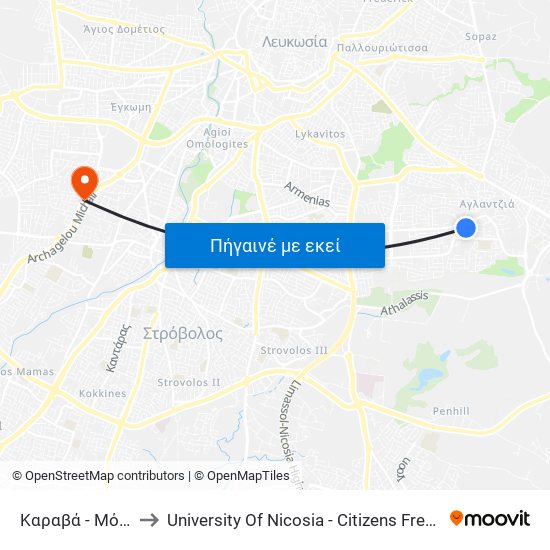 Καραβά to University Of Nicosia - Citizens Free University map