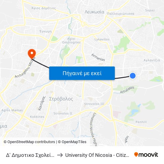 Δ' Δημοτικο Σχολείο Αγλαντζιας to University Of Nicosia - Citizens Free University map