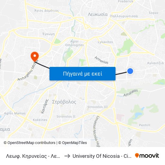 Λεωφ. Κηρυνείας to University Of Nicosia - Citizens Free University map