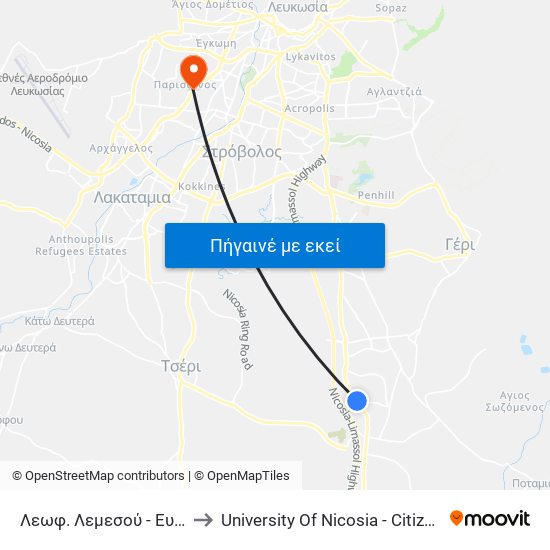 Λεωφ. Λεμεσού - Ευαγγελίστριας to University Of Nicosia - Citizens Free University map