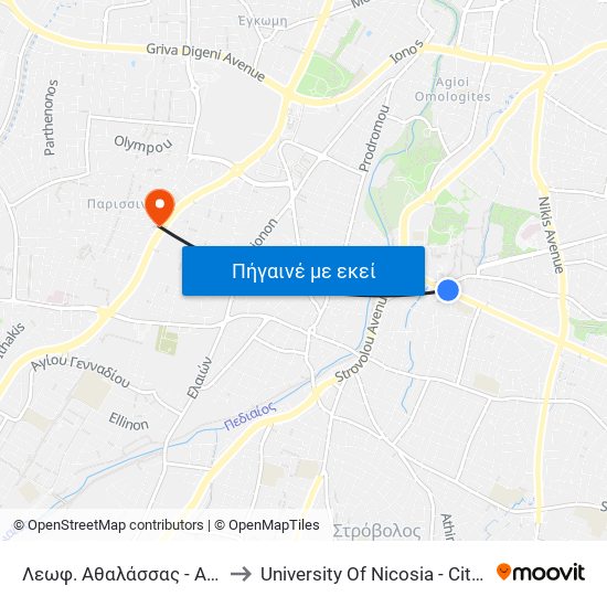 Λεωφ. Αθαλάσσας - Αδαμαντίου Κοραή to University Of Nicosia - Citizens Free University map