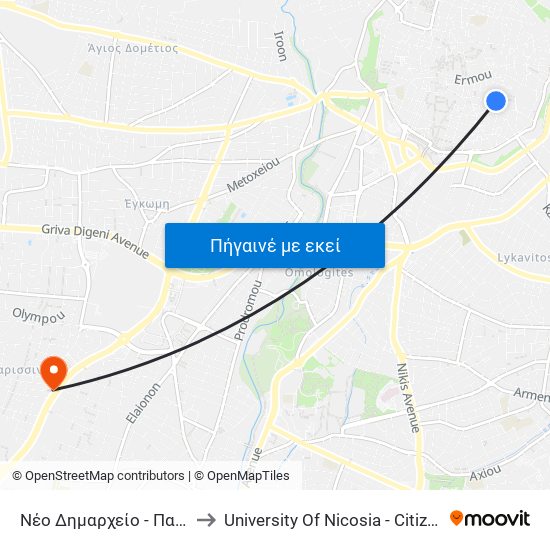 Νέο Δημαρχείο - Παλιά Ηλεκτρική to University Of Nicosia - Citizens Free University map