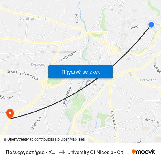 Πολυεργαστήρια - Χρυσαλινιώτισσα to University Of Nicosia - Citizens Free University map