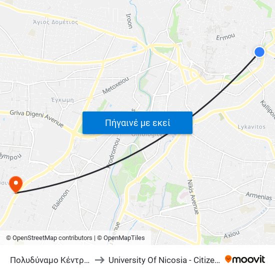 Πολυδύναμο Κέντρο Λευκωσίας to University Of Nicosia - Citizens Free University map