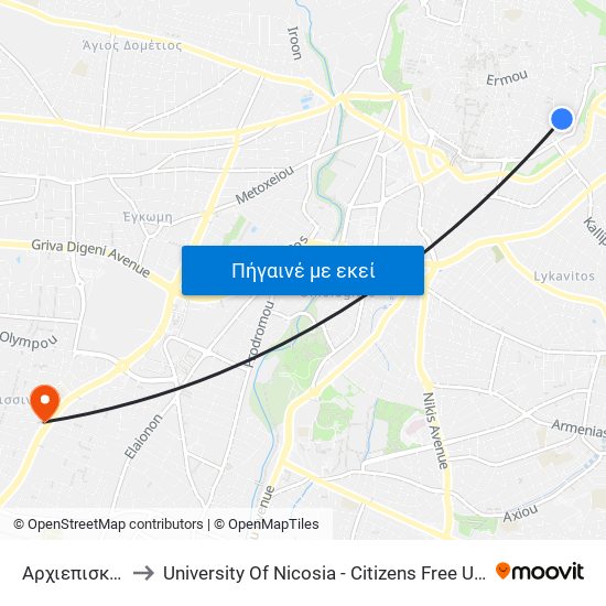 Αρχιεπισκοπή to University Of Nicosia - Citizens Free University map