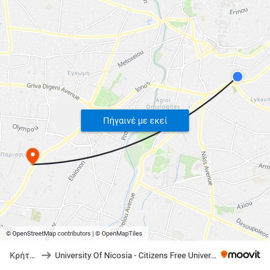 Κρήτης to University Of Nicosia - Citizens Free University map
