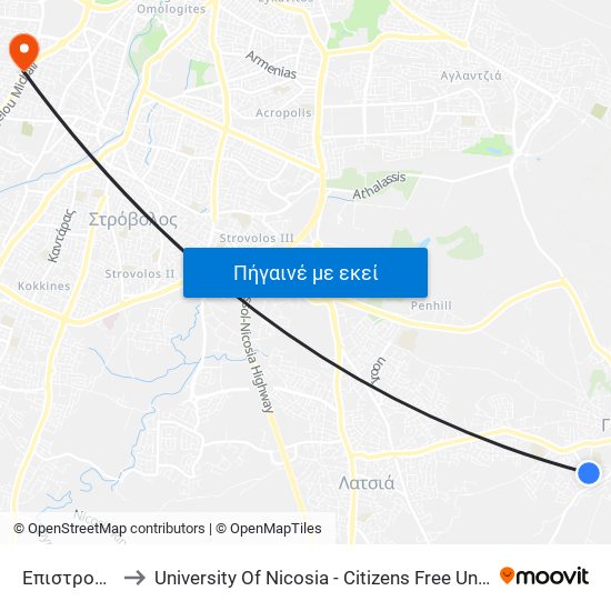 Επιστροφής to University Of Nicosia - Citizens Free University map
