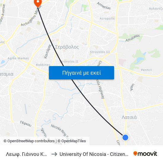 Λεωφ. Γιάννου Κρανιδιώτη to University Of Nicosia - Citizens Free University map