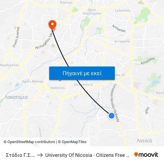 Στάδιο Γσπ 1 to University Of Nicosia - Citizens Free University map