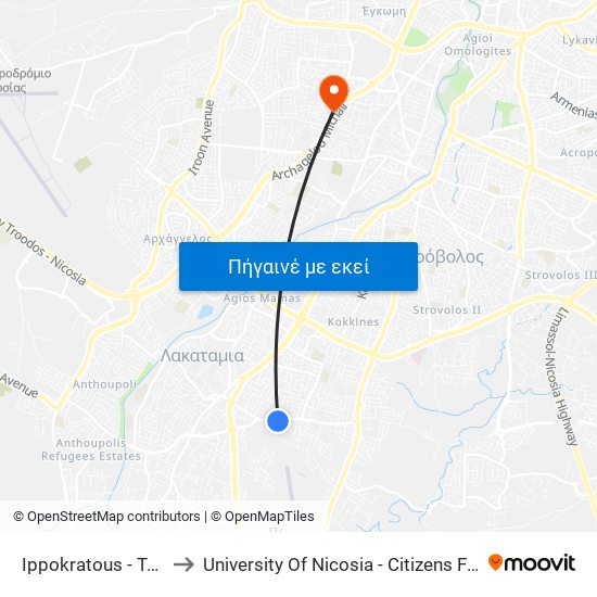 Ippokratous - Trikomou to University Of Nicosia - Citizens Free University map