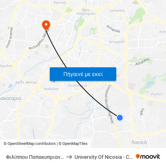 Filippou Papakyprianou - Markou Drakou to University Of Nicosia - Citizens Free University map