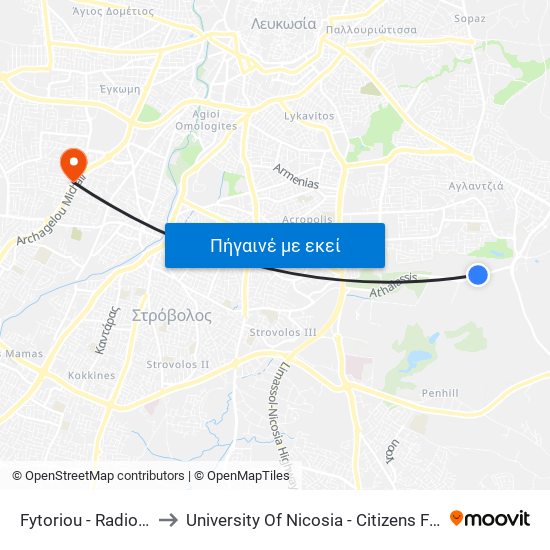 Fytoriou - Radio Station to University Of Nicosia - Citizens Free University map