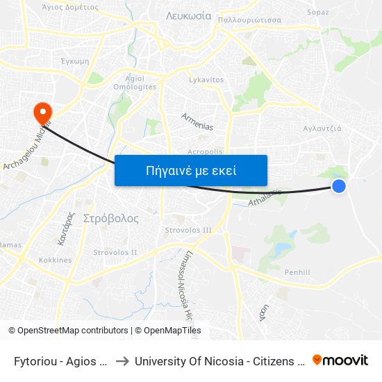Fytoriou - Agios Georgios to University Of Nicosia - Citizens Free University map