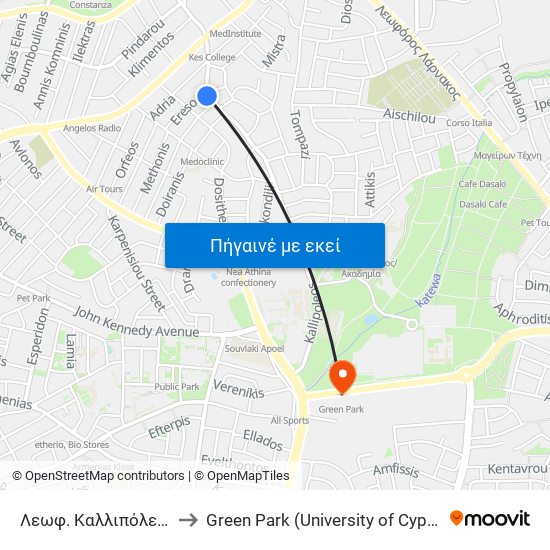 Λεωφ. Καλλιπόλεως to Green Park (University of Cyprus) map