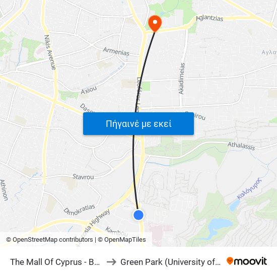 The Mall Of Cyprus - Βεργίνας to Green Park (University of Cyprus) map