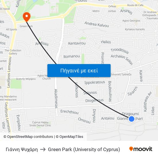 Γιάννη Ψυχάρη to Green Park (University of Cyprus) map