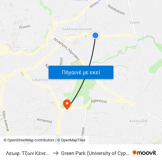 Λεωφ. Τζων Κένεντυ to Green Park (University of Cyprus) map