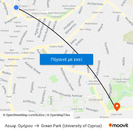 Λεωφ. Ομήρου to Green Park (University of Cyprus) map