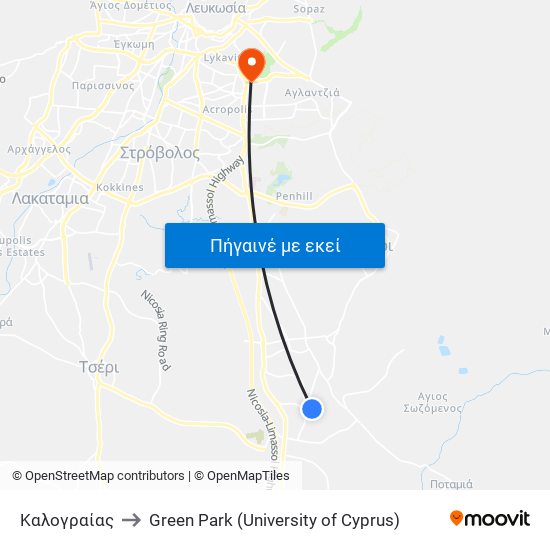 Καλογραίας to Green Park (University of Cyprus) map