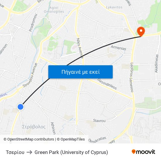 Τσερίου to Green Park (University of Cyprus) map