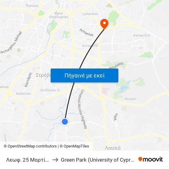 Λεωφ. 25 Μαρτίου to Green Park (University of Cyprus) map