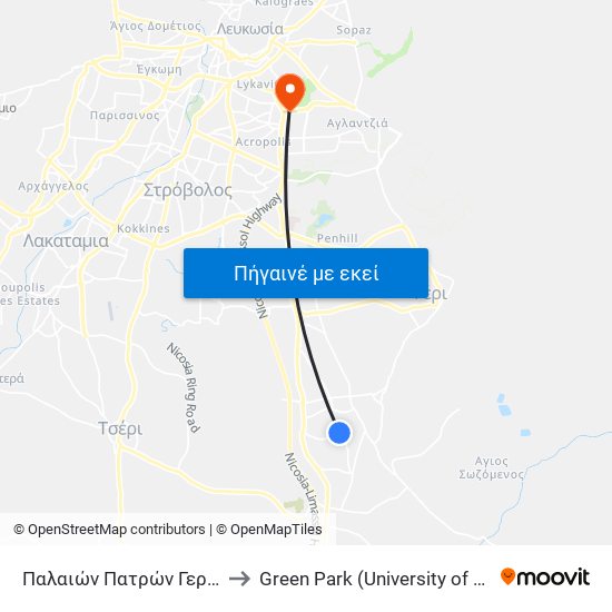 Παλαιών Πατρών Γερμανού to Green Park (University of Cyprus) map