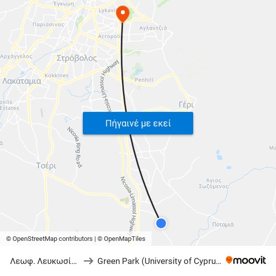 Λεωφ. Λευκωσίας to Green Park (University of Cyprus) map