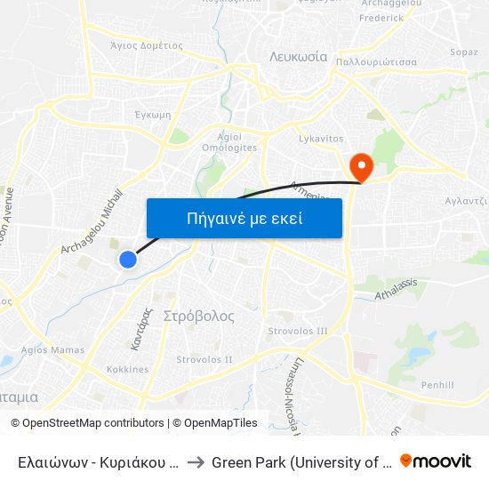 Ελαιώνων - Κυριάκου Μάτση to Green Park (University of Cyprus) map