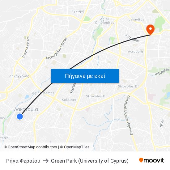 Ρήγα Φεραίου to Green Park (University of Cyprus) map