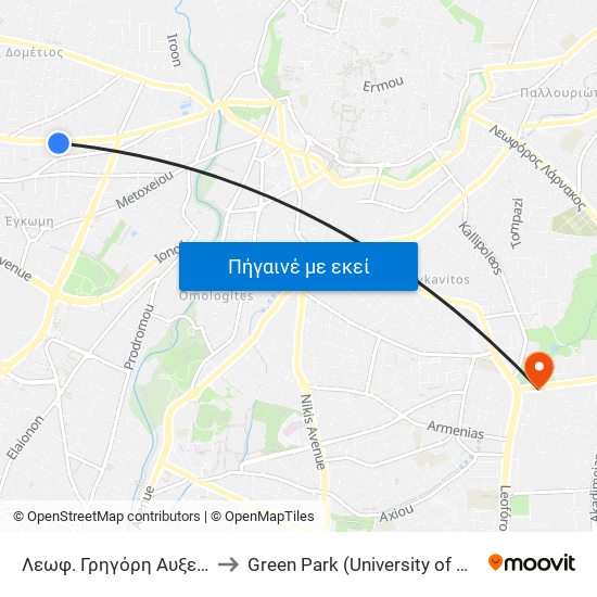 Λεωφ. Γρηγόρη Αυξεντίου to Green Park (University of Cyprus) map
