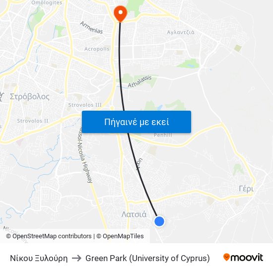 Νίκου Ξυλούρη to Green Park (University of Cyprus) map