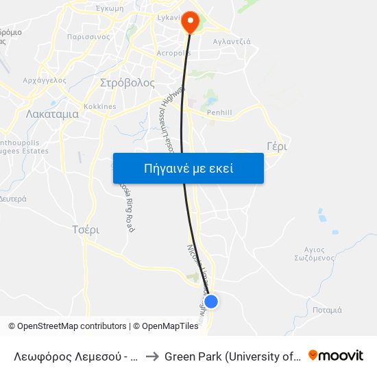 Λεωφόρος Λεμεσού - Καραβά to Green Park (University of Cyprus) map