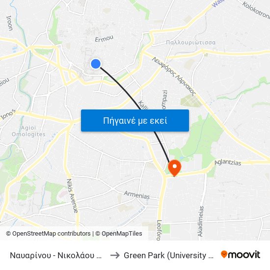 Ναυαρίνου - Νικολάου Σαριπόλου to Green Park (University of Cyprus) map