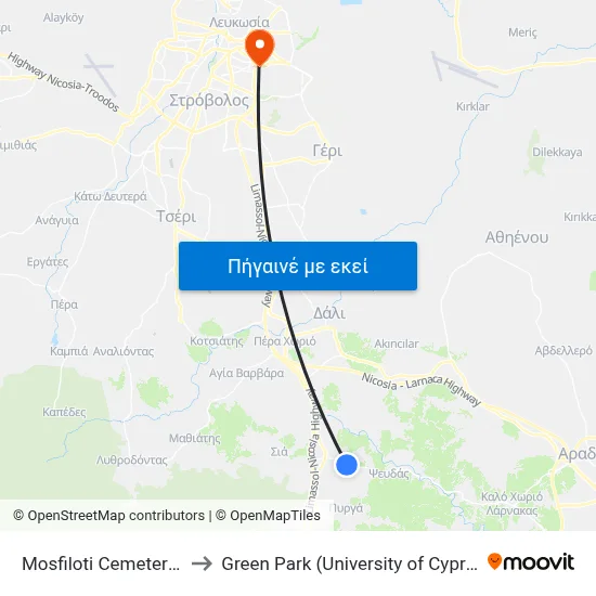 Mosfiloti Cemetery 2 to Green Park (University of Cyprus) map