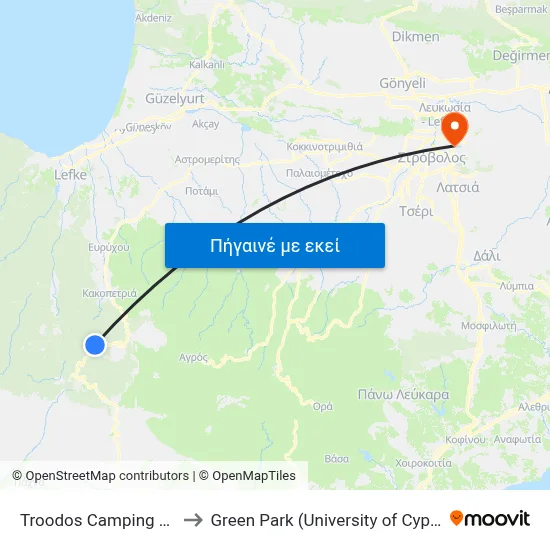 Troodos Camping Site to Green Park (University of Cyprus) map