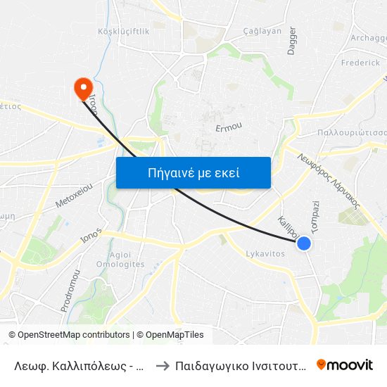 Λεωφ. Καλλιπόλεως - Πειραιώς to Παιδαγωγικο Ινσιτουτο Κυπρου map