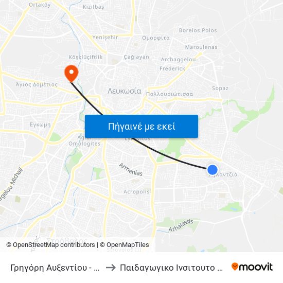Γρηγόρη Αυξεντίου to Παιδαγωγικο Ινσιτουτο Κυπρου map