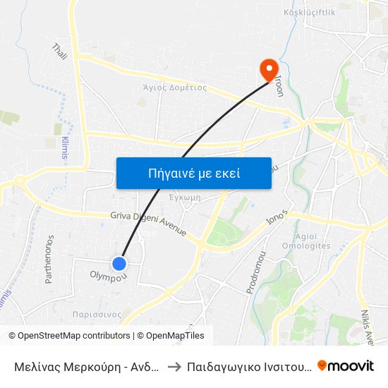 Μελίνας Μερκούρη to Παιδαγωγικο Ινσιτουτο Κυπρου map