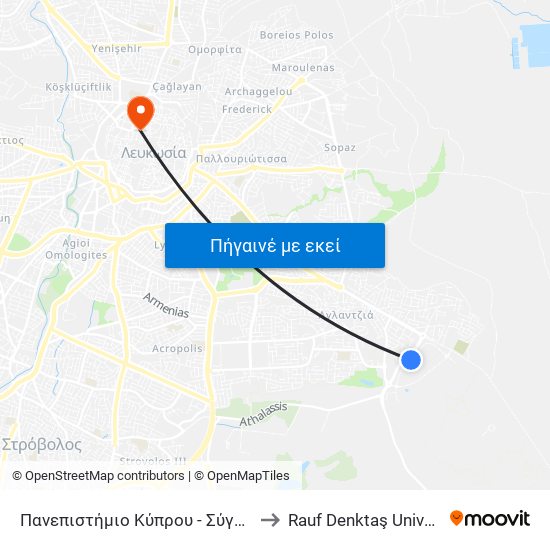 Πανεπιστήμιο Κύπρου - Σύγκλητος to Rauf Denktaş University map