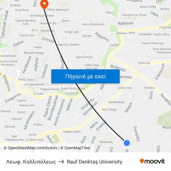 Λεωφ. Καλλιπόλεως to Rauf Denktaş University map