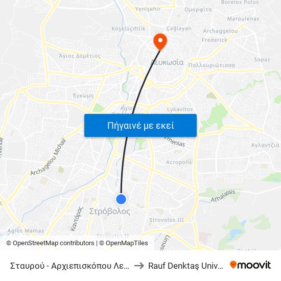 Σταυρού - Αρχιεπισκόπου Λεοντίου to Rauf Denktaş University map