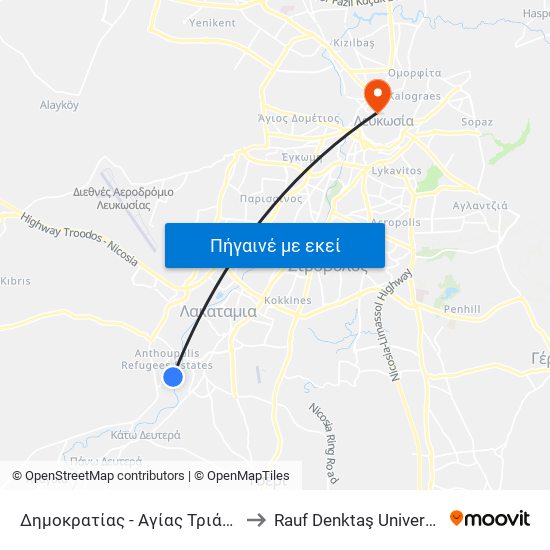 Δημοκρατίας - Αγίας Τριάδος to Rauf Denktaş University map