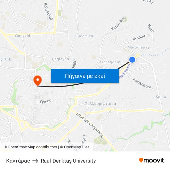 Καντάρας to Rauf Denktaş University map