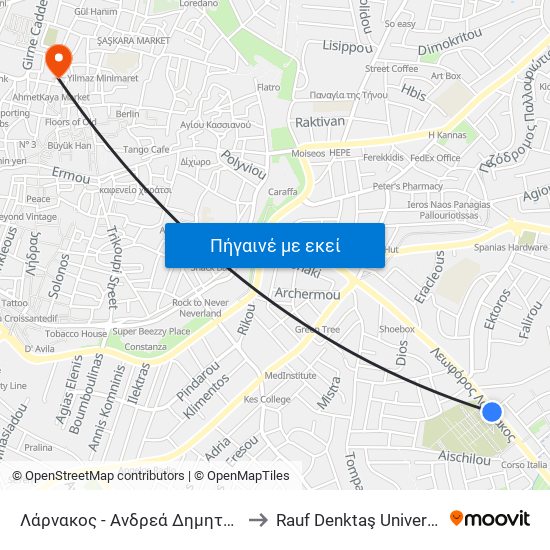 Λάρνακος - Ανδρεά Δημητρίου to Rauf Denktaş University map