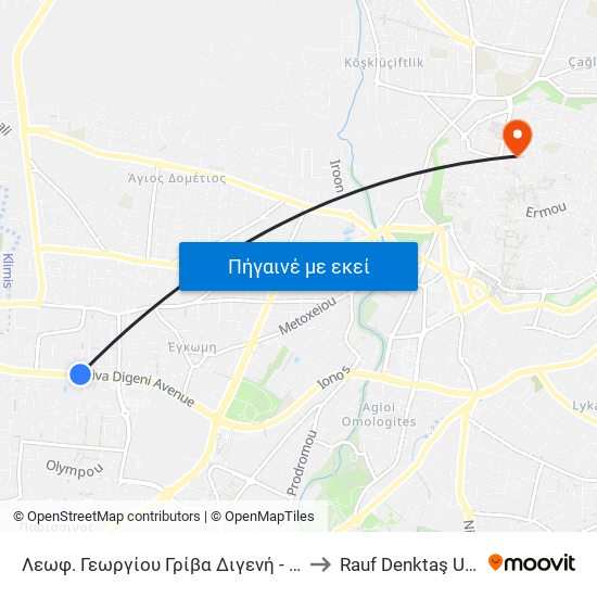 Λεωφ. Γεωργίου Γρίβα Διγενή - Χίλτον Παρκ 2 to Rauf Denktaş University map