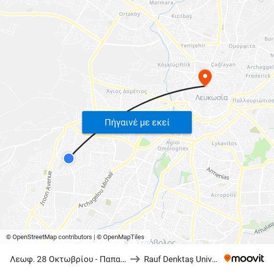 Λεωφ. 28 Οκτωβρίου - Παπαφλέσα to Rauf Denktaş University map