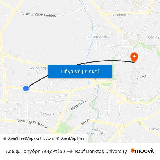 Λεωφ. Γρηγόρη Αυξεντίου to Rauf Denktaş University map